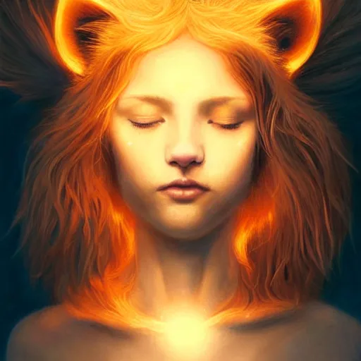 Image similar to Portrait of a girl angel with pale orange colored frizzy strands of illuminated hair, cat ears on her head, glowing halo, Lion's Mane, Lion's Gate, fantasy, intricate, elegant, highly detailed, digital painting, artstation, concept art, smooth, sharp focus, illustration, art by Krenz Cushart and Artem Demura and alphonse mucha