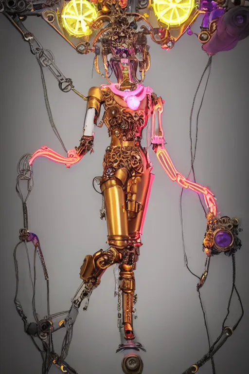 Prompt: full-body porcelain rococo futuristic style sculpture of a young beautiful goddess as a half-robot wearing retro shades, red lips, mechanical eyes, leaking glowing neon radioactive liquid, electric sparks, glowing violet laser beam eyes, crown of giant diamonds, gold chain steampunk necklace, flowing purple satin, luminescent fabrics, mechanical roses. baroque and steampunk elements. full-length view. baroque element. intricate artwork by caravaggio. Trending on artstation, octane render, cinematic lighting from the right, hyper realism, octane render, 8k, depth of field, 3D