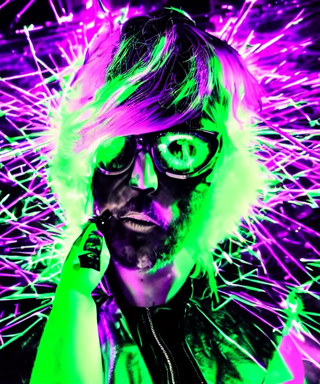 Image similar to Techno Rave DJ, warehouse rave, Giant speakers, lasers, fireworks, thousands of ravers, future, cheering crowds, sell out event, loud music, sci-fi, fire eyes, face, blue and purple hair, intricate, elegant, highly detailed, RayTracing, digital painting, artstation, concept art, smooth, sharp focus, illustration, art by artgerm and greg rutkowski and alphonse mucha