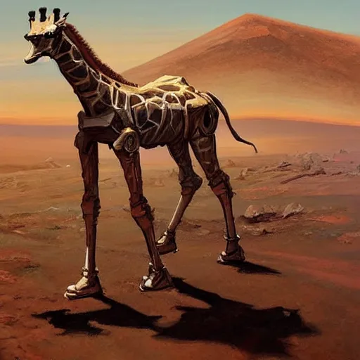 Prompt: a half robot giraffe walking on mars, trending on artstation, art by greg manchess, guangjian, detailed digital art, artstation hd