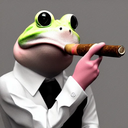 Image similar to a high quality photo of an antropomorphic frog wearing a suit smoking a cigar, 3d scene, render, ultra realistic, artstation, cgsociety