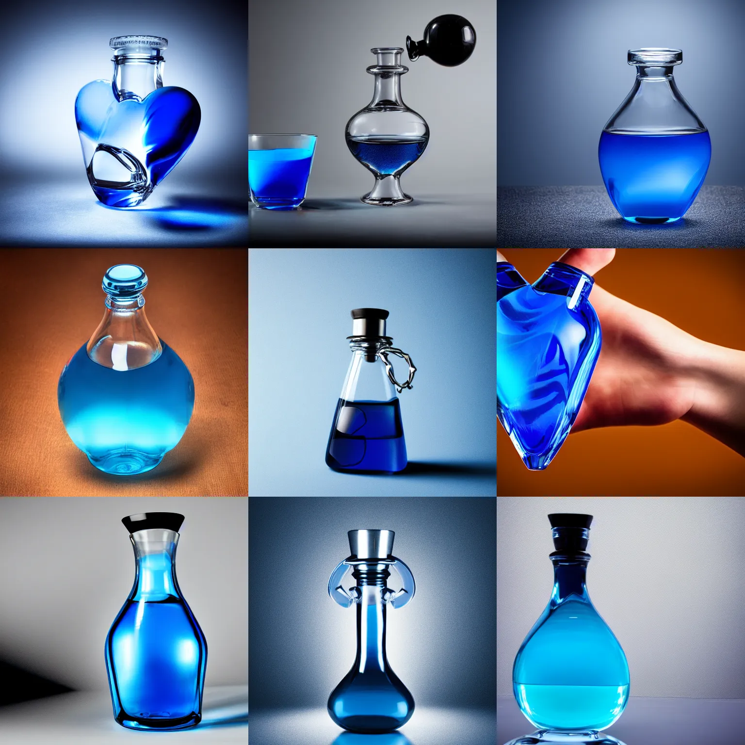 Prompt: heart shaped glass flask of blue liquid, dark room, sharp focus, raytracing, professional photoshoot