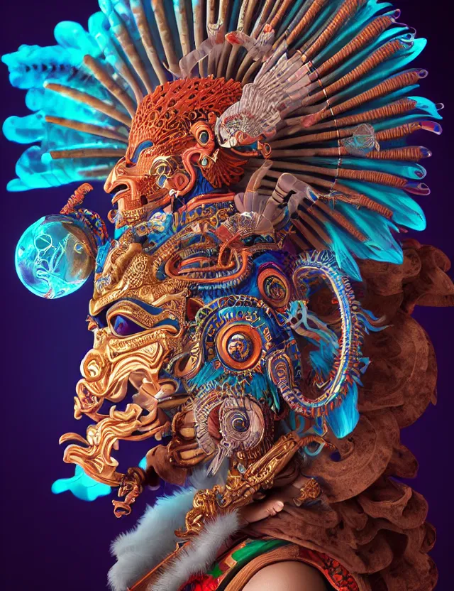 Image similar to 3 d goddess close - up profile portrait aztec with ram skull. beautiful intricately detailed japanese crow kitsune mask and clasical japanese kimono. betta fish, jellyfish phoenix, bio luminescent, plasma, ice, water, wind, creature, artwork by tooth wu and wlop and beeple and greg rutkowski