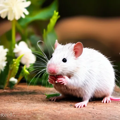 Image similar to photo realistic white rat holding a flower