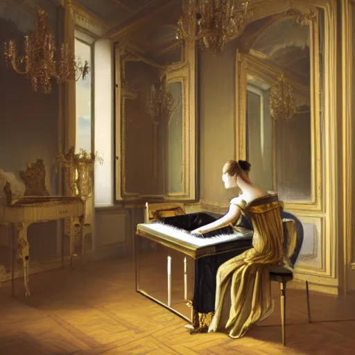 Prompt: human android playing piano on mirror in a dreamy palace, baroque style