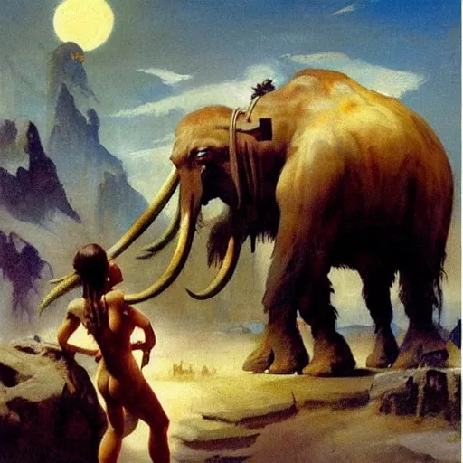 Prompt: a mammoth threatening a girl, detailed oil painting by Frank Frazetta