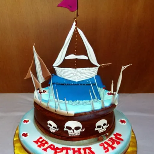 Prompt: a beautiful birthday cake in the shape of a pirate ship, amazing cake beautifully decorated