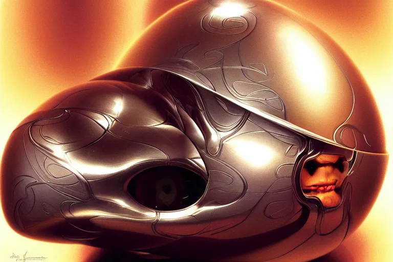 Prompt: vin diesel egg in a silver egg cup, head is an egg, hyper detailed, digital art, cinematic lighting, studio quality, by boris vallejo, android jones, artgerm, caravaggio, mucha