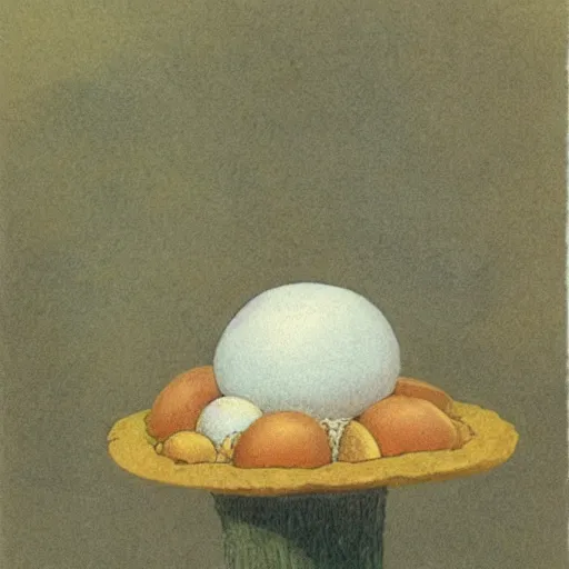 Prompt: toadstool with a ( fried eggs )!! cap. illustration by beatrix potter