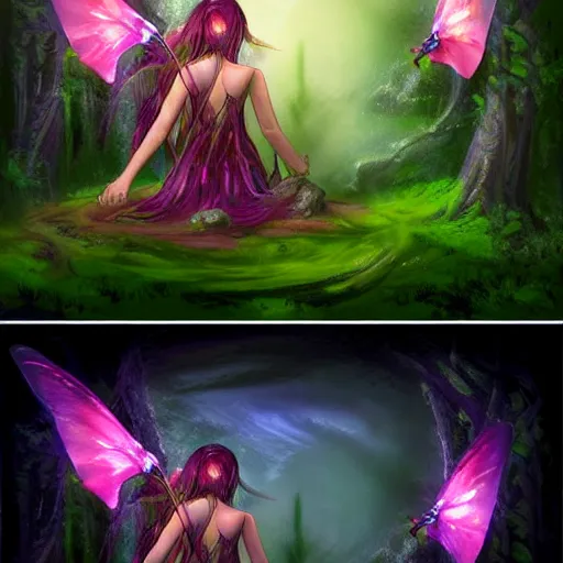 Image similar to forest nymph rising from the water. fantasy rpg concept art. pink pixie dust, enchanted fireflies, starlight, and enchanted dreams. view from behind, wide angle view, back view. digital art. trending on artstation.