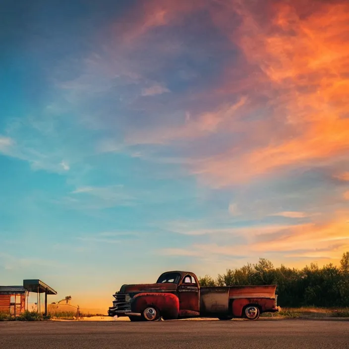 Image similar to a sunset light landscape with historical route 6 6, lots of sparkling details and sun ray ’ s, blinding backlight, smoke, volumetric lighting, colorful, octane, 3 5 mm, abandoned gas station, old rusty pickup - truck, beautiful epic colored reflections, very colorful heavenly, softlight