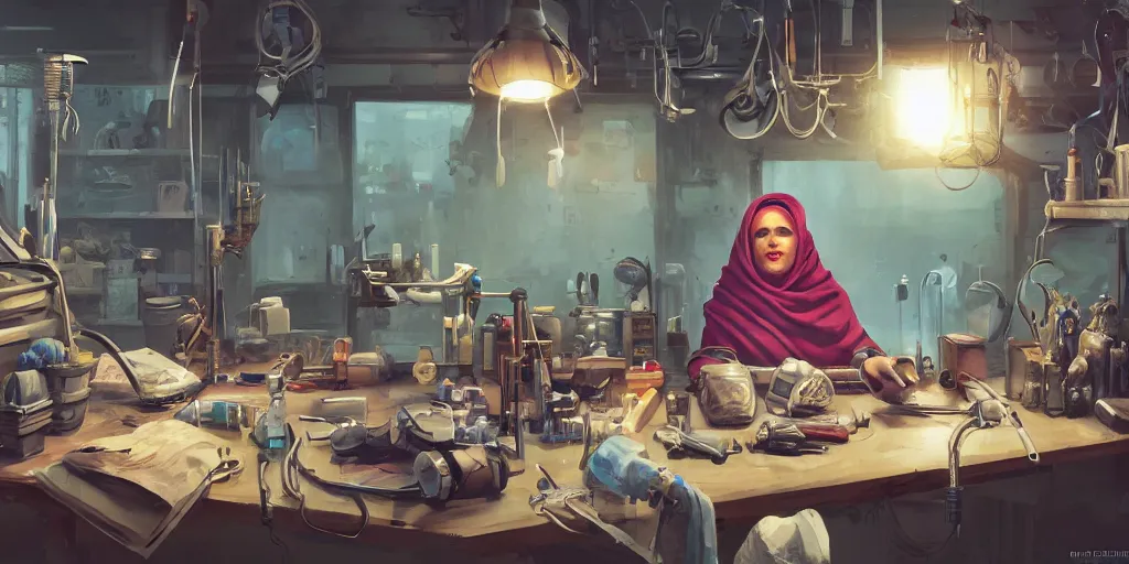 Image similar to an environmental concept art of a babushka cyberneticist in a cluttered mechanics workshop, surgical implements, surgery table, highly detailed, cinematic, dramatic, cyberpunk