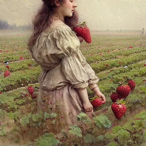 Image similar to ( ( ( ( ( woman on a strawberry field. muted colors. ) ) ) ) ) by jean - baptiste monge!!!!!!!!!!!!!!!!!!!!!!!!!!!