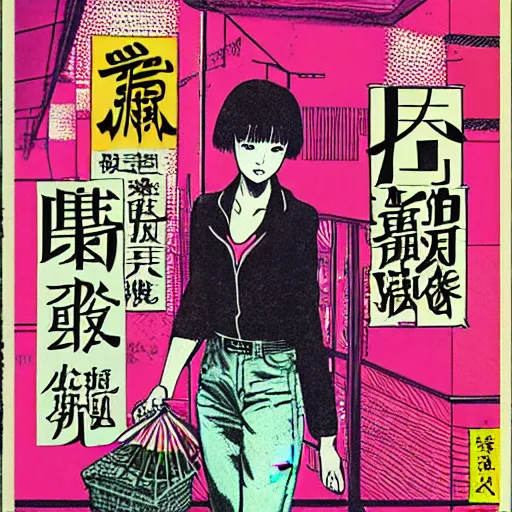 Prompt: glossy old advertising poster, young woman walking through crowded hong kong street, vendors, zombies, horror, drawn comic by junji ito, pastels, gradient,