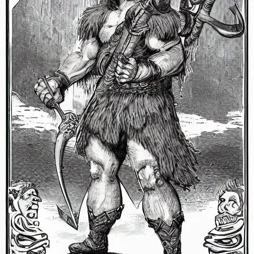 Image similar to orc with axe, full body, dnd, high detail, fantasy, in the style of vintage antique illustration and line drawing or engraving - c 9. 0