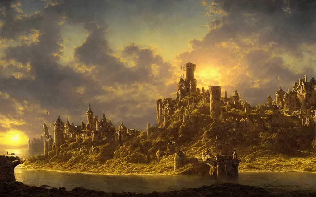 Prompt: large royal medieval castle at dusk, on a hill, small town surrounding, steampunk, ocean in the distance, cinematic lighting, intricate ink illustration, by albert bierstadt, highly detailed