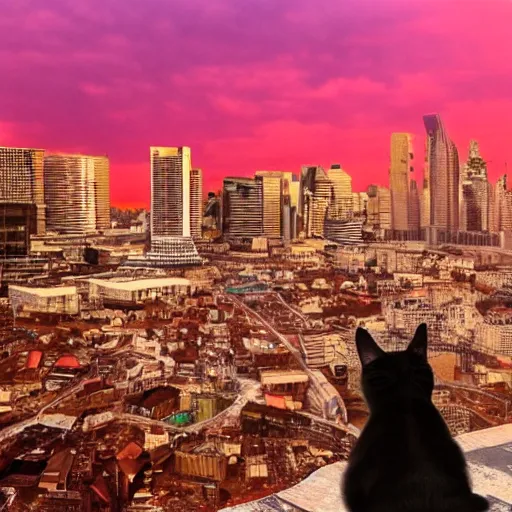 Prompt: a cat watching a dystopic city under a red sky