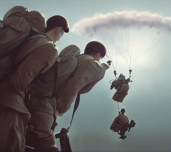 Prompt: five parachutists go to the plane, portrait, close view, painting by craig mullins, octane rendering, soft morning lighting, wide angle lens, in the style of hayao miyazaki, trending on artstation,