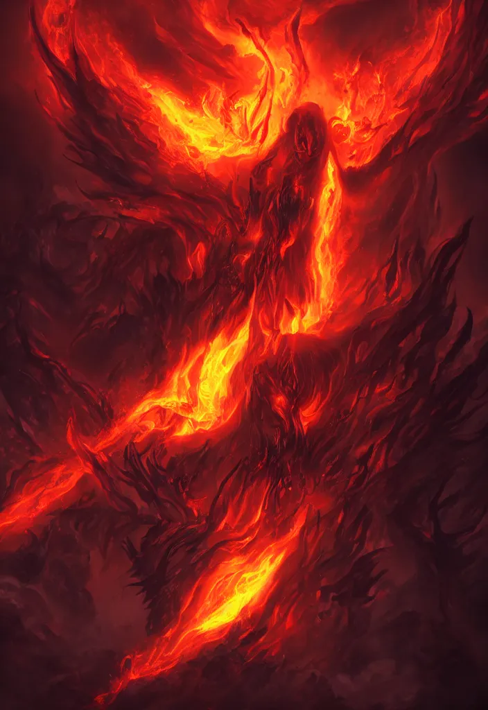 Image similar to fiery god as a demon in a fiery hell, eerie, dark, magical, fantasy, trending on artstation, digital art.