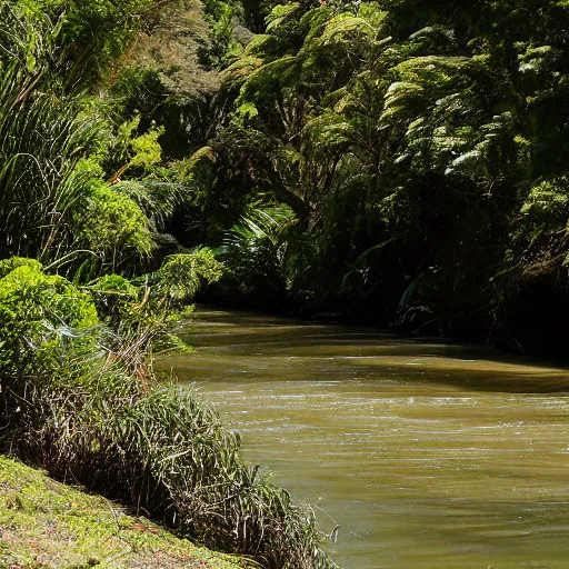 Prompt: From the pa we pulled up the Waiwhetu River, which there had lofty Rimu trees on its banks. The various bends were very beautiful and secluded, and seemed to be the home of the grey duck and teal, and numerous other wild fowl. Here and there, on the bank, was a patch of cultivation, and the luxuriant growth of potatoes, taros, and. Kumara, indicated the richness of the soil. As seen from the ship, or the hills, a lofty pine wood appeared to occupy the whole breadth and length of the Hutt Valley, broken only by the stream and its stony margin. This wood commenced about a mile from the sea, the intervening space being a sandy flat and a flax marsh. About the Lower Hutt and the Taita, it required a good axe-man to clear in a day a space large enough to pitch a tent upon. New Zealand. Aerial photography. Sunset, misty, wilderness.