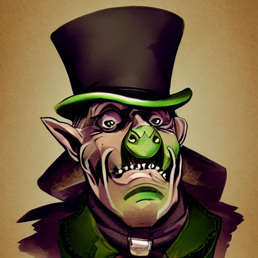 Image similar to a cartoonishly evil goblin, supervillain, top hat and luxurious moustache, green skin d & d character portrait, victorian clothing, digital art, 8 k,