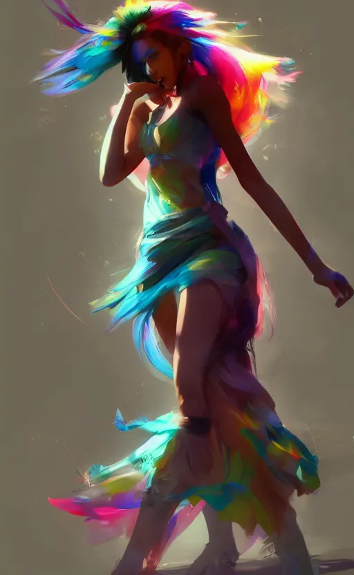 Image similar to a cute woman with rainbow hair dancing, cute tube-top long dress, In style of Yoji Shinkawa, wojtek fus, by Makoto Shinkai, concept art, highly detailed