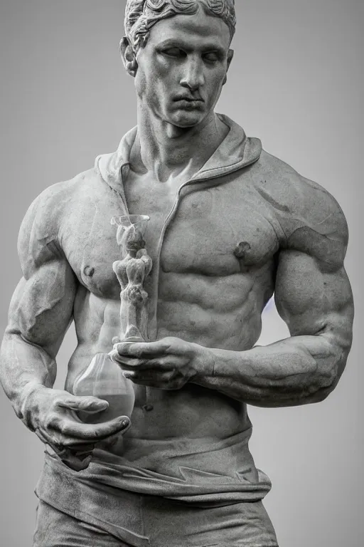 Prompt: marble sculpture of man in Adidas winter jacket sportswear holding a marble vodka, intricate sculpture, chiseled muscles, godlike, museum photo