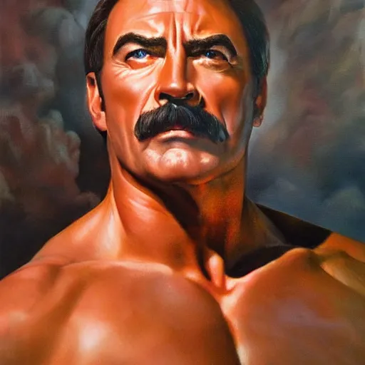 Image similar to ultra realistic portrait painting of tom selleck as the rock, art by frank frazetta, 4 k, ultra realistic, highly detailed, epic lighting