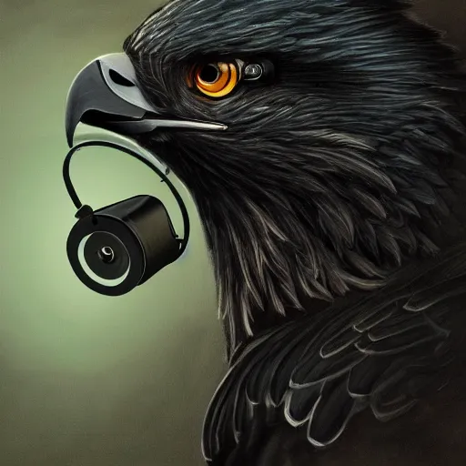 Image similar to A extremely detailed painting of a eagle with night vision goggles on its eyes, standing bird, sharp claws, cloudy, midnight, smoke, ultra high detail digital art, trending on Artstation, unreal engine