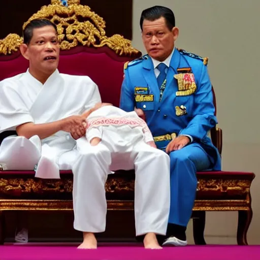 Prompt: Vajiralongkorn wearing a diaper during holy ceremony