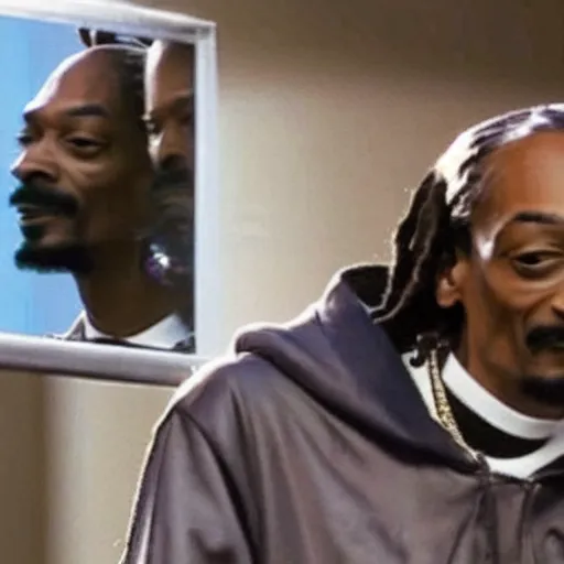 Image similar to snoop dogg looking at his reflection in the mirror but he sees a dog looking back