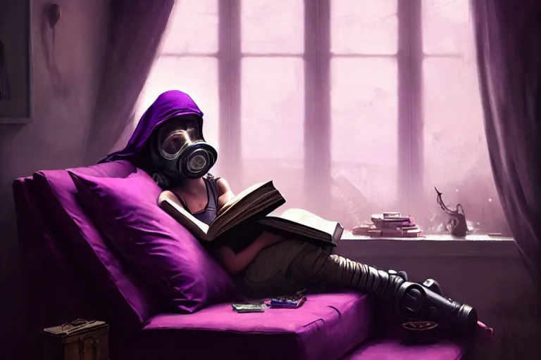 Image similar to girl with wearing a gas mask lying on the sofa reading a book in her room, in the style of greg rutkowski, intricate and epic composition, purple by caravaggio, insanely quality, highly detailed, masterpiece, purple light, artstation, 4 k