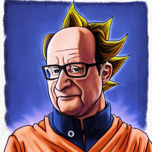 Image similar to François hollande transforming into super saiyan, drew by akira toryama