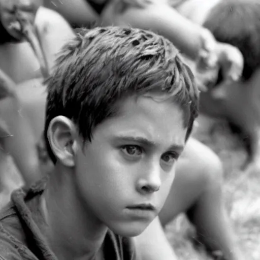 Image similar to logan lerman plays ralph in lord of the flies ( 1 9 6 3 ), 3 5 mm black and white, highly detailed, cinematic lighting