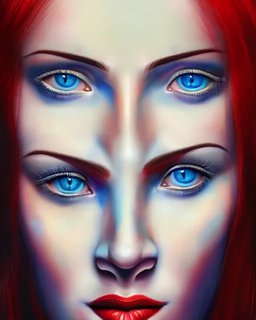 Prompt: a portrait of a beautiful woman with blue eyes and red hair, highly surrealistic face portrait in the style of Salvador Dali and Jim Warren, highly detailed, trending on artstationhq