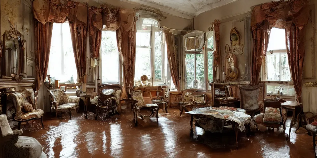 Prompt: decorative victorian livingroom flooded with water