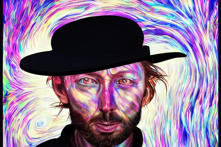 Prompt: A portrait of Thom Yorke as a cyberpunk wearing a bowler hat, iridescent highlights, surrounded by digital swirls, highly detailed, intricate, soft, sci-fi, sharp focus, glowing lines, art by artgerm and jean giraud