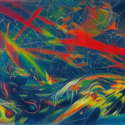 Image similar to ghostly, calm rainbow by c. r. w. nevinson, by jean - paul riopelle. a beautiful conceptual art of a space battle with wild, bright colors.