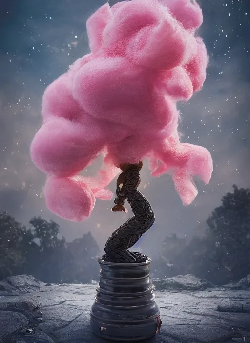 Image similar to fKrang standing with black jar, enchanted, magical, cotton candy trees, cinematic shot, intricate, ornate, photorealistic, ultra detailed, realistic, 100mm, photography, octane, high definition, depth of field, bokeh, 8k, behance, artstation