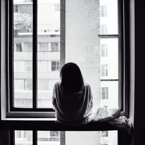 Prompt: a woman sitting on a window sill looking forward out the window, face in hands, grey sweater, a stock photo by chen jiru, tumblr, aestheticism, movie still, pretty, pixiv