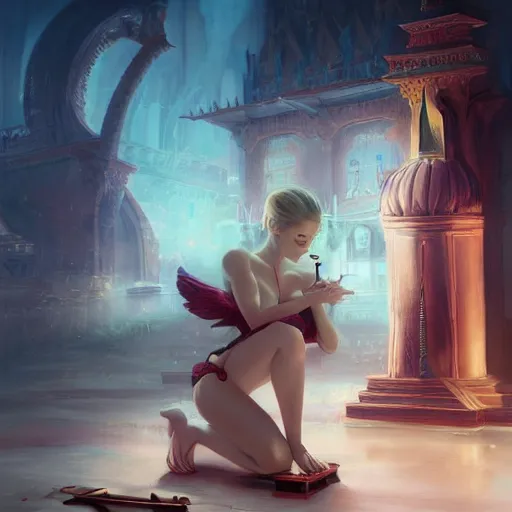 Prompt: Art station concept of a beautiful girl with a rat face kneeling in front of a religious shrine, compulsion, symmetrical face, smooth body features, art study of a body, by Stanley Artgerm Lau, WLOP, Rossdraws, James Jean, Andrei Riabovitchev, Marc Simonetti, and Sakimichan, trending on artstation.