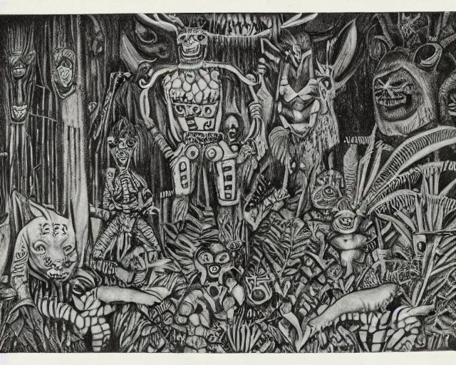 Image similar to surreal b & w nightmarish garden las pozas, mayan jaguar warrior, artwork by ralph bakshi and diego rivera, crayon and cut up, punk fanzine 1 9 6 7