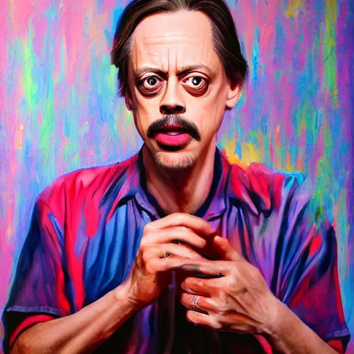 Image similar to Steve Buscemi, smooth painting, art, detailed, colorful, smiling, beautiful hair, deep look, intense atmosphere