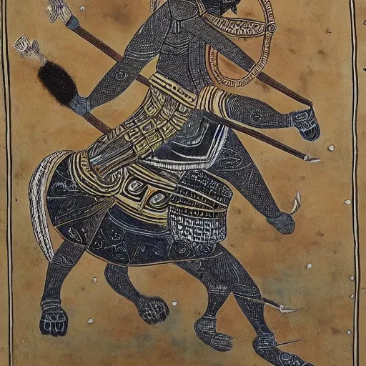 Prompt: tribal art of a warrior riding a bear into battle by japani shyam, highly detailed, very detailed, intricate, 8 k