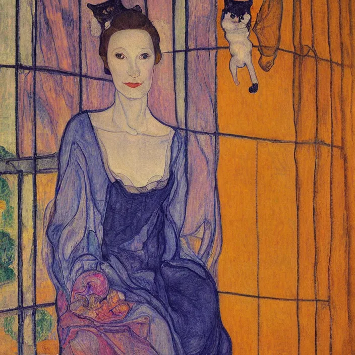 Prompt: close portrait of woman in transparent vaporous night gown with cat, with city with gothic cathedral seen from a window frame with curtains. autumn light, vivid iridescent psychedelic colors. munch, egon schiele, henri de toulouse - lautrec, utamaro, monet, agnes pelton, lucas cranach