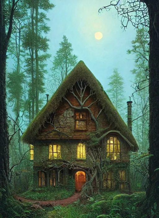 Prompt: hyper realistic homely ornate modern witch cottage far away in the woods gorgeous lighting, blue sky, highly detailed, lush forest by zdzisław beksinski and norman rockwell and greg rutkowskiweta studio, and lucasfilm