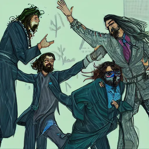 Image similar to hippie wearing robes, a fight between a boho cyberpunk hippie and a high - tech suit businessman, epic sketch art, cinematic mid shot fight, detailed