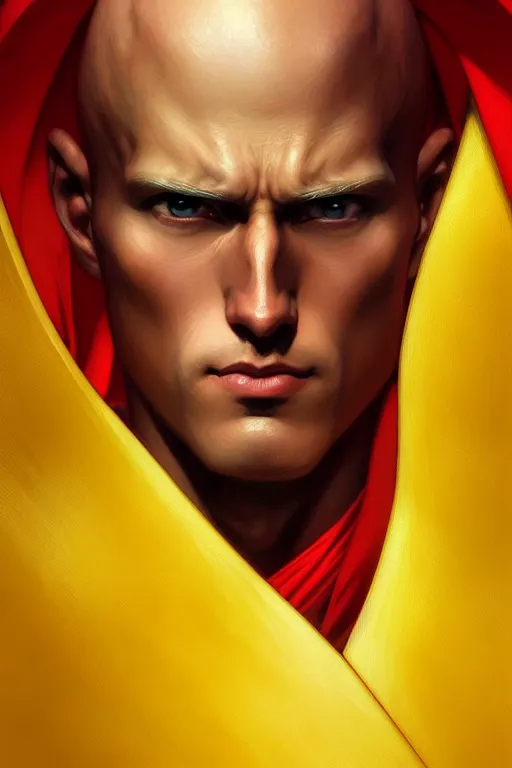 Image similar to ultra realistic illustration, handsome saitama. yellow and red cape, intricate, elegant, highly detailed, digital painting, artstation, concept art, smooth, sharp focus, illustration, art by artgerm and greg rutkowski and alphonse mucha and wlop