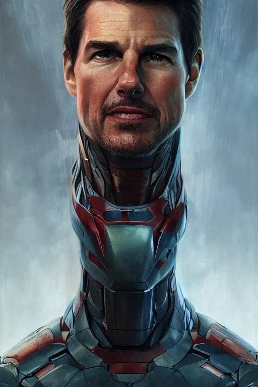 Prompt: Portrait of Tom Cruise as Iron man, marvel, dark fantasy, intricate, smooth, artstation, painted by Artgerm, Wayne Barlowe, Greg Rutkowski, Zdislav Beksinski