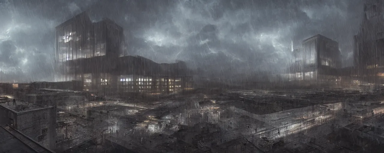 Image similar to brutalist architecture, metal, concrete, mist, rain, night, dramatic lighting, lightning bolt, trending on Artstation, 8k, highly realistic, hyper detailed, unreal engine 5, IMAX quality, photorealistic, cinematic, epic lighting, in the style of Gerald Brom and Ted Nasmith